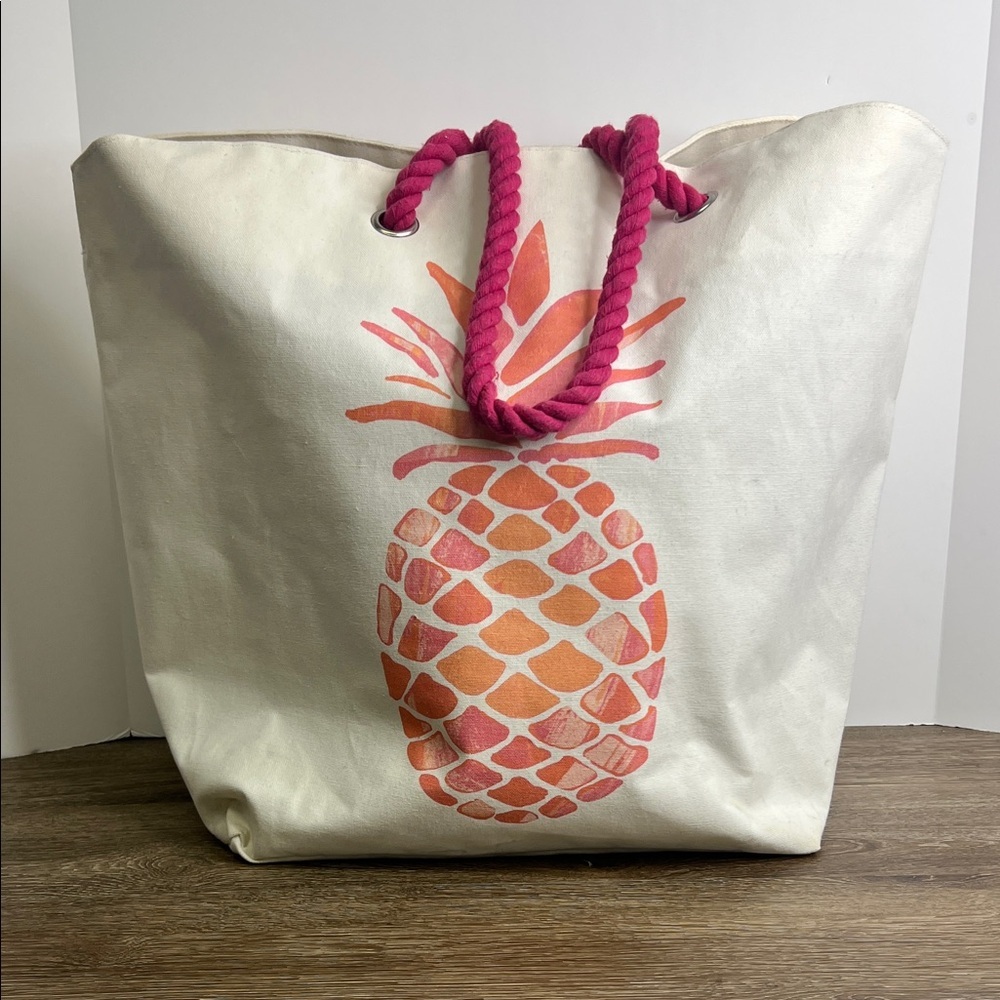 Canvas Pineapple Beach Tote – Pink Rope Handles – Large Summer Bag